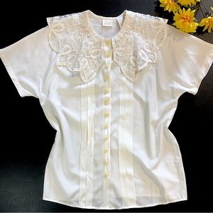 Vintage 80s lace collar Cottagecore blouse dolman sleeve elegant white medium